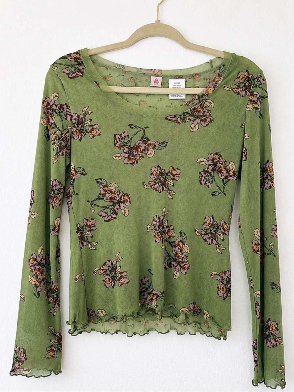 Vintage Y2K Sheer Floral Mesh Top Green Purple Lettuce Hem Fairy Grunge L